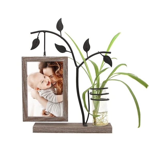 Wooden Photo Frame Metal Tree Vase Double Sided Display