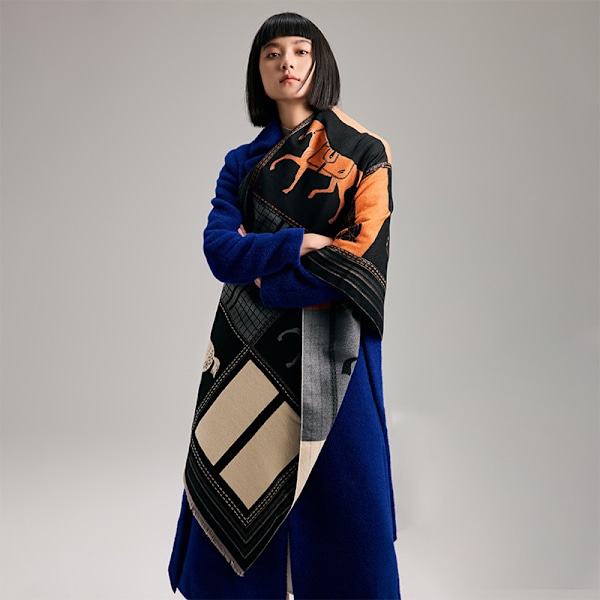 Vintergitter farveblok hest kollision trendy og atmosfærisk dame imitation cashmere varm tørklæde Black