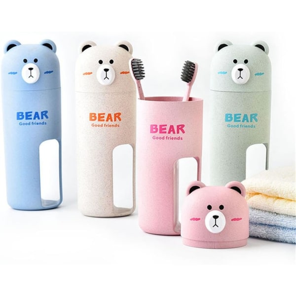 liten björn Travel tandborsthållare och tandborst set, bärbar tvättmuggshållare（） Beige