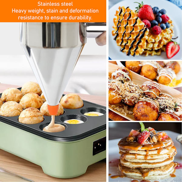 Batter Dispenser i Rustfrit Stål med 4 Silikon Dyser (18mm) til Pandekager og Cupcakes