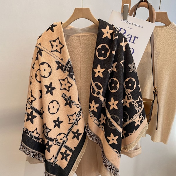 Sjal med femuddig stjärnmönster, tjock och varm Black camel