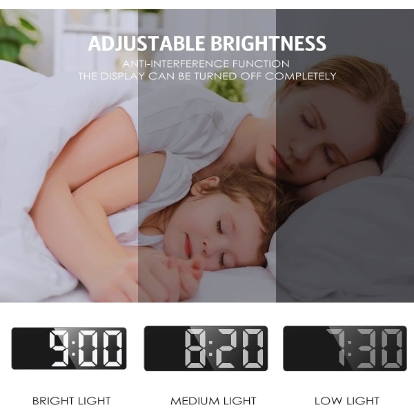 Digitalt vækkeur, sengesidevækkeur med stort LED-display, ikke-tikkende USB/batteridrevet alarm