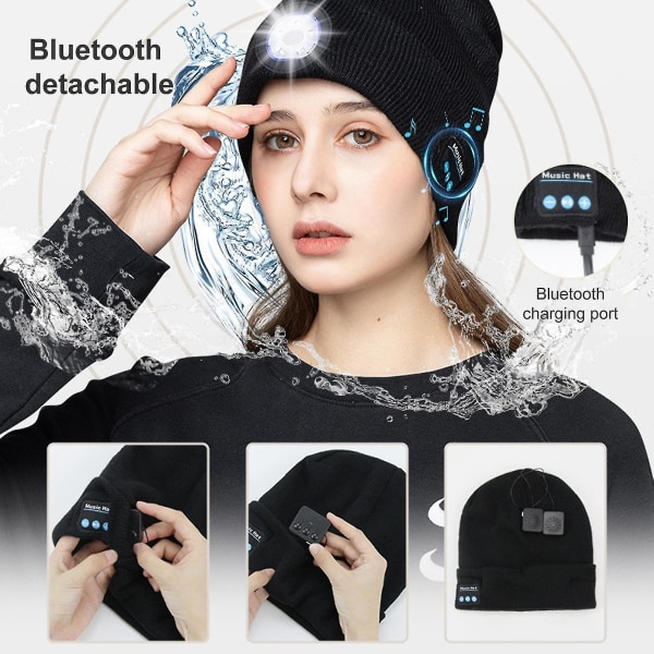 Unisex hue strikket hue Trådløse Bluetooth 5.0 hovedtelefoner med led lys og mikrofon black