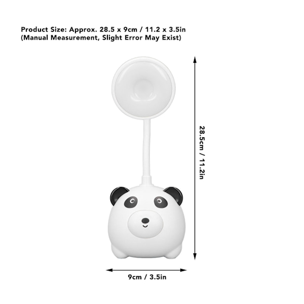 Barnlampa i Pandastyle - Flexibel Svanhals USB Laddningsbar 600mAh LED Skrivbordslampa för Hemstudie och Kontorsbruk White