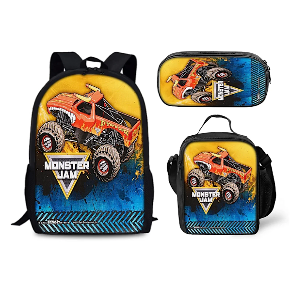 Monster Jam Ryggsäck Lunchväska Pennfodral Set Present för Barn Studenter