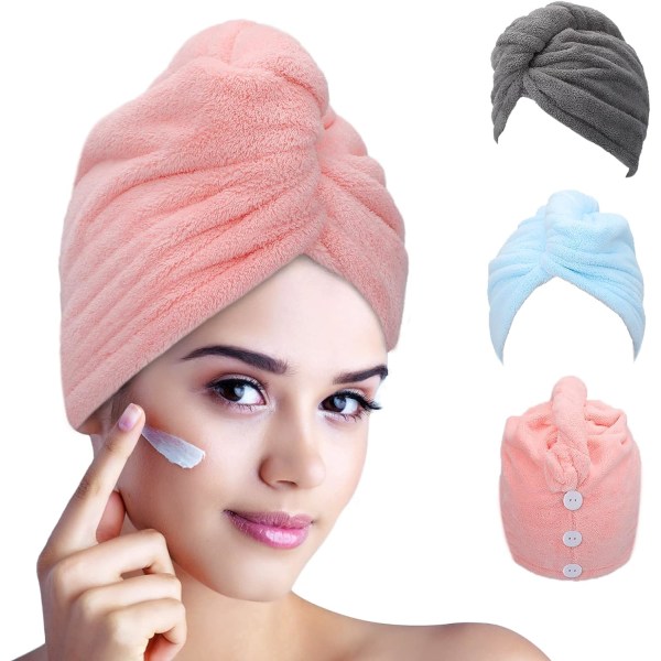 3-pak mikrofiber hårhåndklæde bundt - Super blødt og absorberende, hurtigt tørt hår uden krus, velegnet til kvinder, børn, langt krøllet tykt hår.