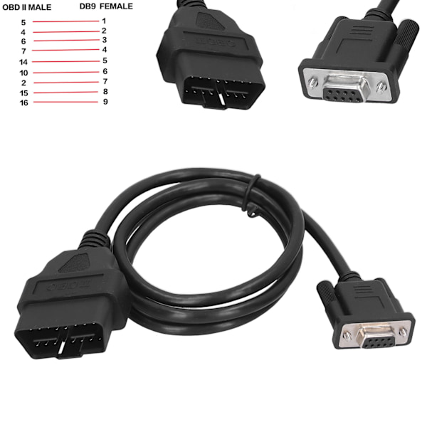 16-pins OBD2 til RS232 DB9 Bildiagnostisk Grensesnitt Adapter Forlengelseskabelkontakt