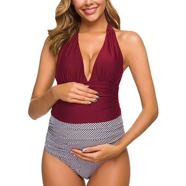 One Piece Maternity Swimsuits Stripe Halter Swimwear Deep V Neck Monokini High Waisted Bathing Suits Red (2XL Red 2XL
