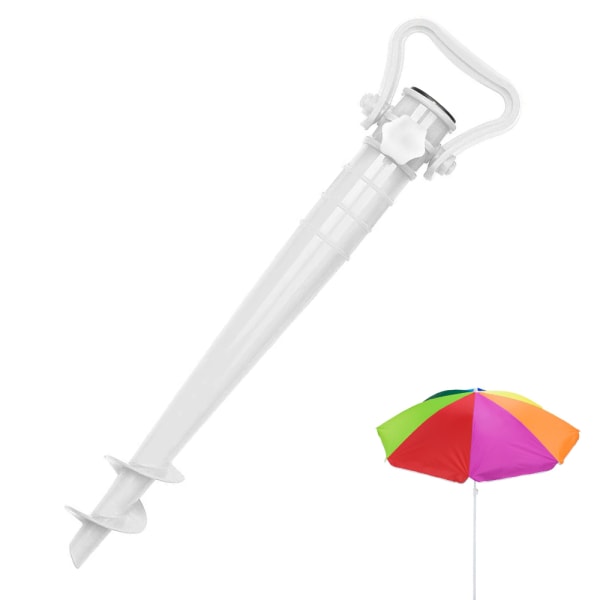 Aurinkovarjon pidikeranta, jossa maadoitustulpat aurinkovarjolle, valkoinen