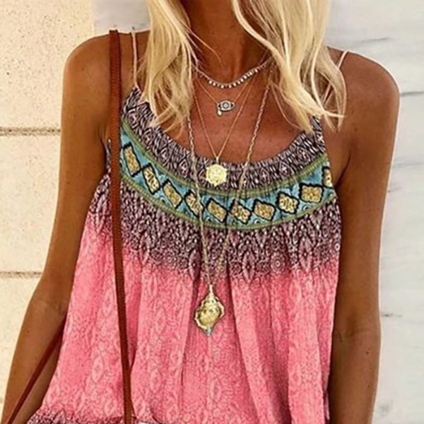 Rund hals Spaghetti Strap Tank Top Kvinder Sommer Løst Casual Print Ærmeløs top skjorte til kontorarbejde Pink L Pink L