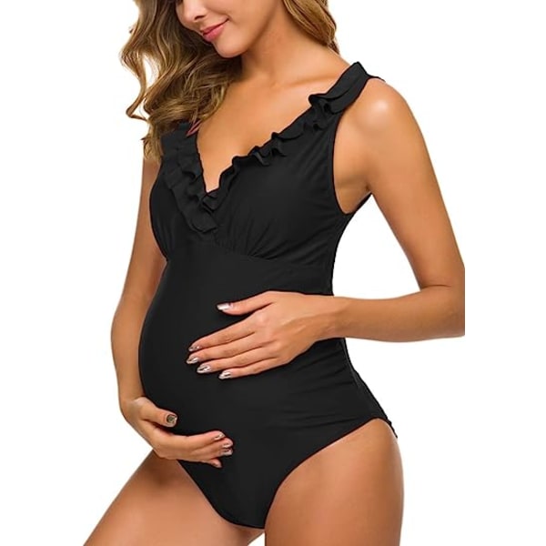 One Piece Maternity Swimsuits Ruffle Flounce Swimwear Falbala Monokini Deep V Neck Bathing Suits Black (L L