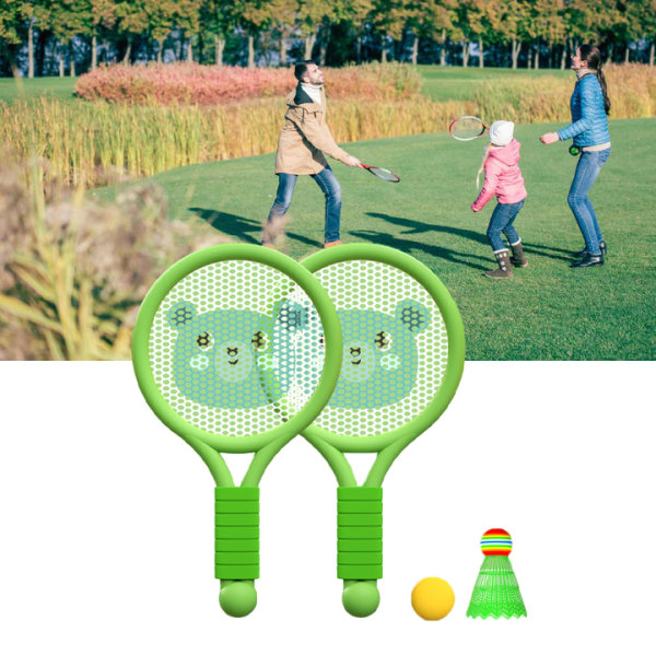 Lättvikts Badmintonracket Set för Barn – Rolig Inne- och Uteleksak för Pojkar och Flickor 3-7 År – Grön Björndesign Green