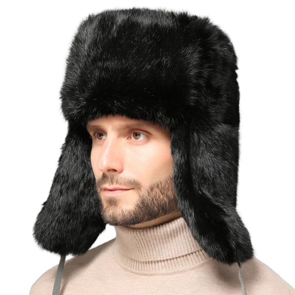 Mænd Warm Thicken Øreværn Skinny Fur Hat Outdoor Cold Ski Hat black