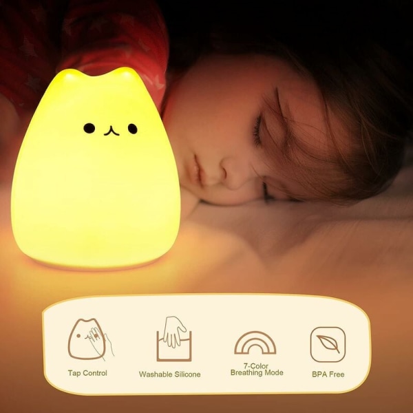 Cat LED nattlampe, batteridrevet silikon Sød katte barnrumslampe med varmvitt og 7 farver andningslägen for barn-HARRY