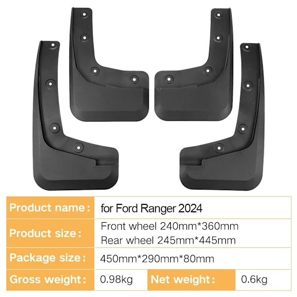 4x Auton roiskeläpät Mudguards Anti-splash Fender Grade Etu- ja takapyörät Autotarvikkeet Styling Ford Ranger T9 2023 2024 2025