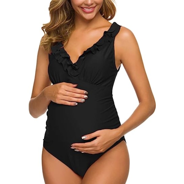 One Piece Graviditetsbadedragter Flæse Flæse Badetøj Falbala Monokini Dyb V-hals Badedragt Sort (L L