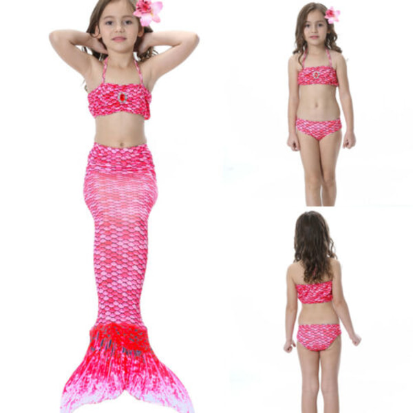 Kids Girls Mermaid Tail Set Vacation Swimwear -uimapuku rose  red 110cm