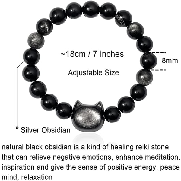Naturligt sort obsidianarmbånd, kattepærlarmbånd til kvinder, stretcharmbånd 8 mm