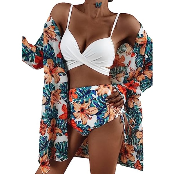 Floral Tropical High Waist Wrap Swimsuit with Beach Kimono Cover Ups 3 Piece Swimwear Padded Bikini Bathing Suit Set  (L Multi Color L