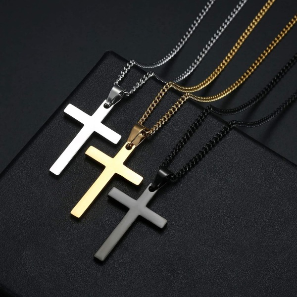 3 stykke rustfrit stål korsvedhæng halskæde Herre Simple Cross hylde halskæde hoved smykkesæt guld og sølv sort tone