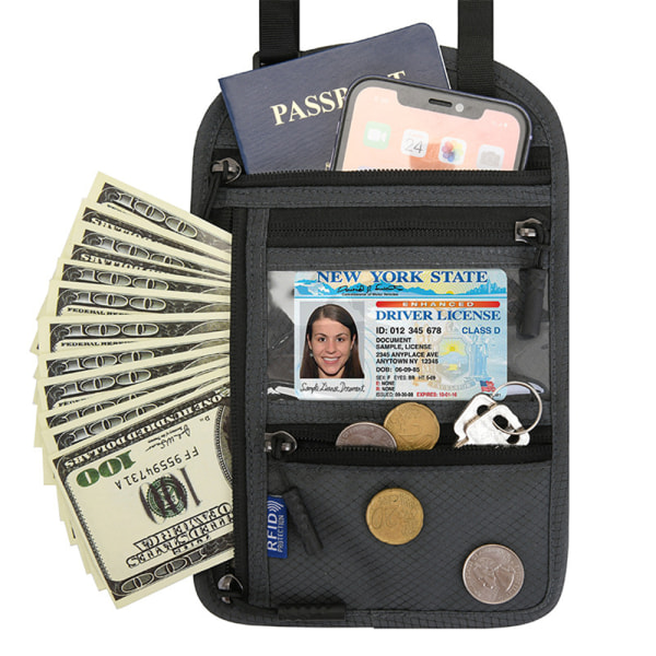 Kvinnor Män Dragkedja Passhållare Plånbok RFID-blockerande väska med justerbar rem Dark Gray