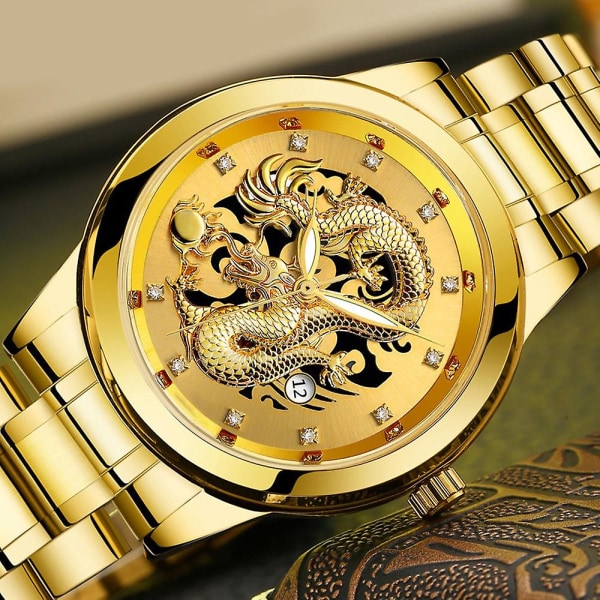 Dragon Sculpture Quartz Watch Luxury Men Steel Wristwatch