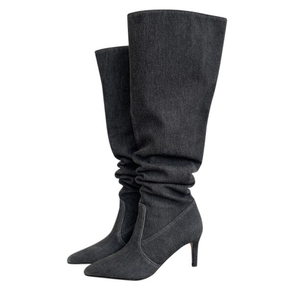 【Lixiang Store】 Plisserte høyhælte denim-knehøye støvletter for kvinner Black 40