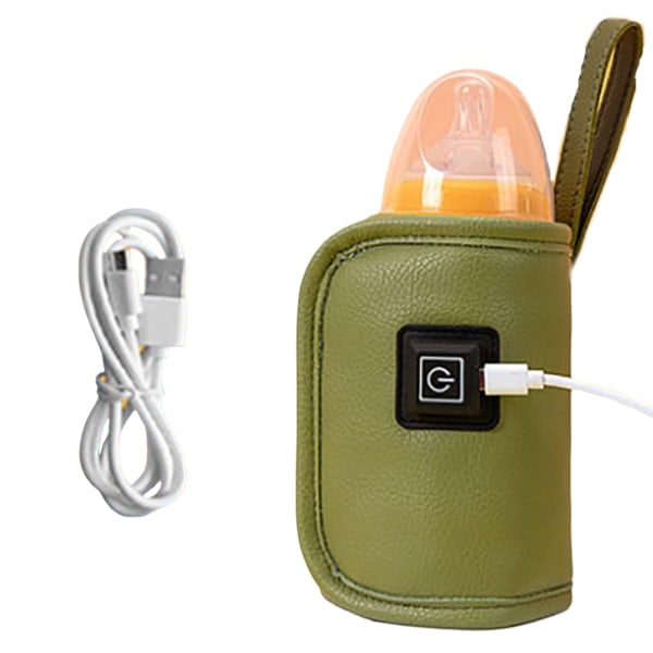 Bærbar sutteflaskevarmer, USB-opladningsflaskevarmer Baby med termostat Grønt Læder Green Leather