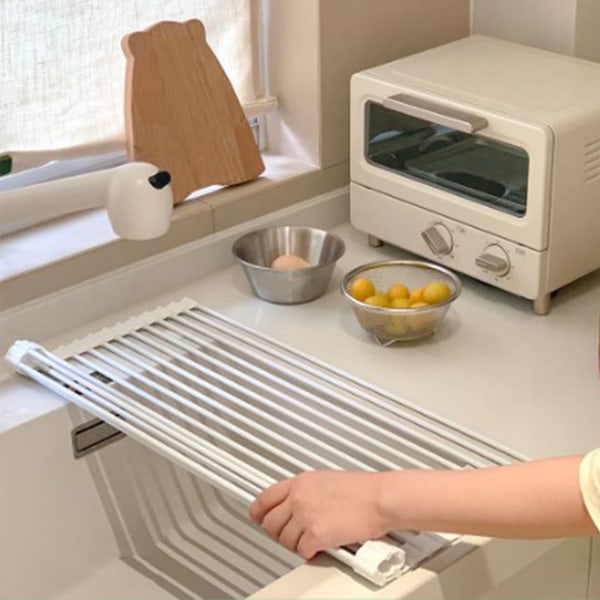 Hopfällbar Rullbar Dish Drying Rack i Rostfritt Stål och Silikon - Mångsidig Avloppslösning för Köksbänkar