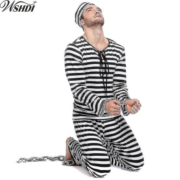Black And White Stripes Prisoner Costume Adult Prisoners Role Playing Violent Prisoner Men Halloween Party H XL