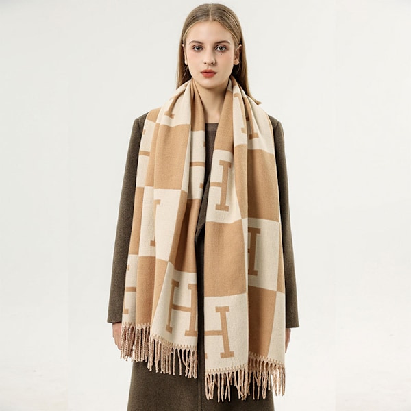 Tassel skjerf for kvinner H høst og vinter varm dobbeltsidig skjerf Dark camel