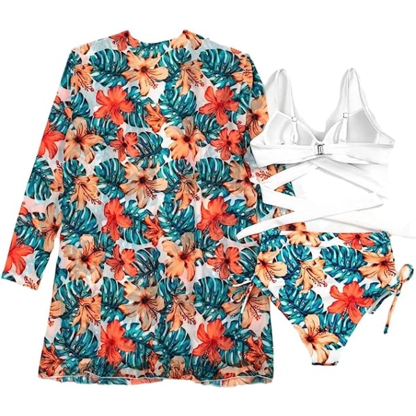 Floral Tropical High Waist Wrap Swimsuit with Beach Kimono Cover Ups 3 Piece Swimwear Padded Bikini Bathing Suit Set  (L Multi Color L