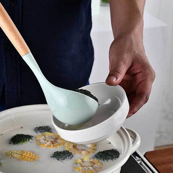 Köksredskapsset i silikon med trähandtag, non-stick, stekspade, skyffel, äggvispar, köksredskapsset - 8 st Mint