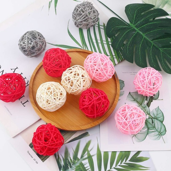 Rattan Ball, 24PCS 2 Inch Wicker Ball Decorative Ball Orbs Vase Fillers Red+Pink+Gray+White Red+Pink+Gray+White 24pcs