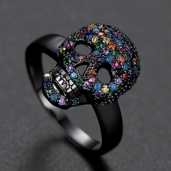 Punk värikäs CZ Skeleton Devil Ring black 6