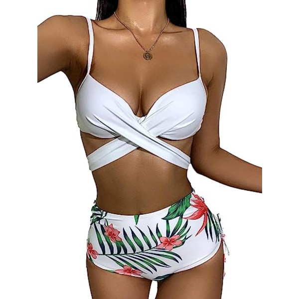 Floral Tropical High Waist Wrap Swimsuit with Beach Kimono Cover Ups 3 Piece Swimwear Padded Bikini Bathing Suit Set  (L Green Pink Floral L