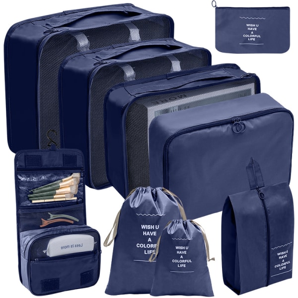 9 sæt pakker Bagagepackningsorganisatorer til resetilbehør Dark blue