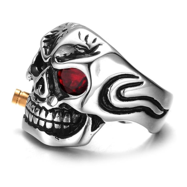 Stor ring med dödskalle skelett röd sten rock punk silver Mens: US 9