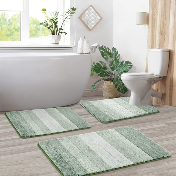 3 st Ombre badeværelsesmattor sæt med U-formet matta, halvfri, hurtigtorkande, ultramjuk og vandabsorberende badmatta, grøn