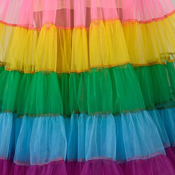 Kvinder Multicolor Rainbow A-Line Maxi Tutu nederdel Plisseret flæser gulvlængde Underkjole Stropløs Bryllup Brud Mesh Flared Crinoline Underkjole