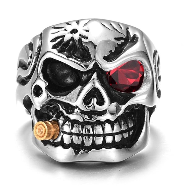 Stor ring med dödskalle skelett röd sten rock punk silver Mens: US 10