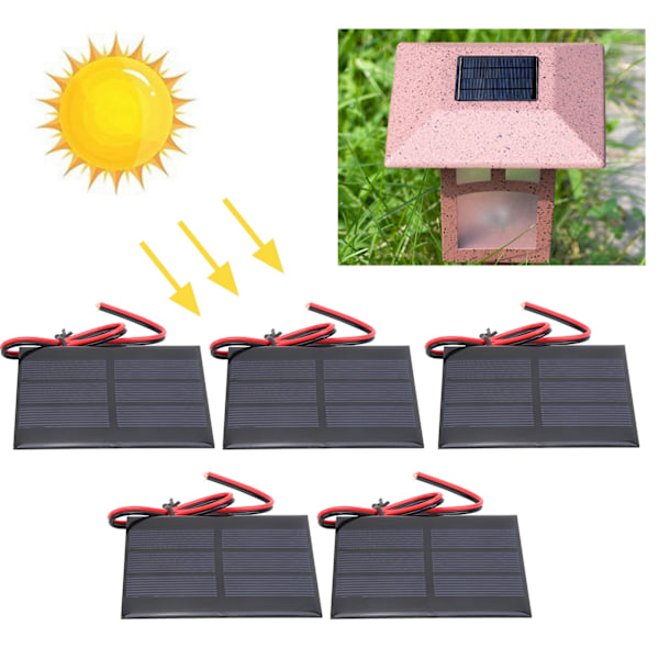 5-pack Mini Solpanel Battericellmodul med 30 cm Kabel - 60 x 80 x 3 MM, DC 0.65W, 1.5V