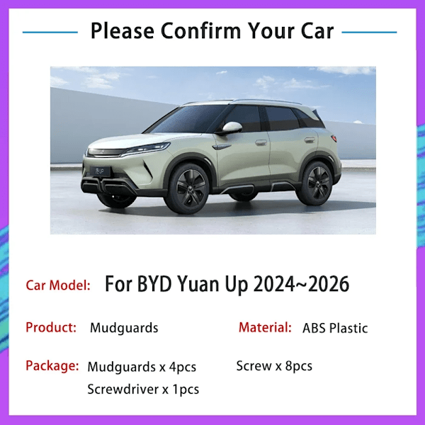 4 st Bil Stänkskydd Passar För BYD Yuan Up 2024 2025 2026 ABS Stänkskärmar Stänklappar Stänkskydd Skärm Främre Bakre Hjul Biltillbehör