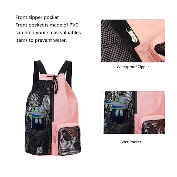 Justerbar Letvægts Mesh Strandrygsæk med Åndbar PVC - Pink Svømning & Træningspose Pink