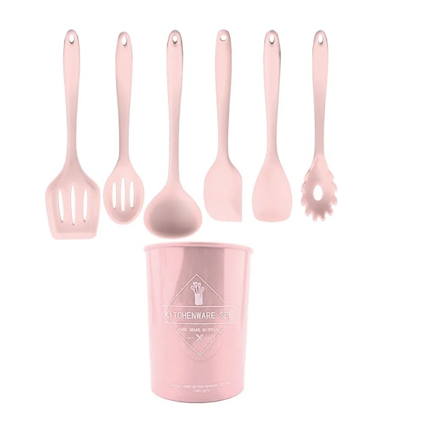 Vihreä Lämmönkestävä Silikoninen Keittiövälinesetti Keittolusikka Harja Kauha Pasta-lasta Siivilä Tarttumattomat Keittoastiat Keittiötyökalut - 7 kpl Pinkki