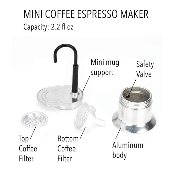 Enkelt Rør Moka Pot - 1 Kop (50ML) Aluminium Legering Komfur Italiensk Kaffe Maskine til Udendørs Samlinger og Rejser