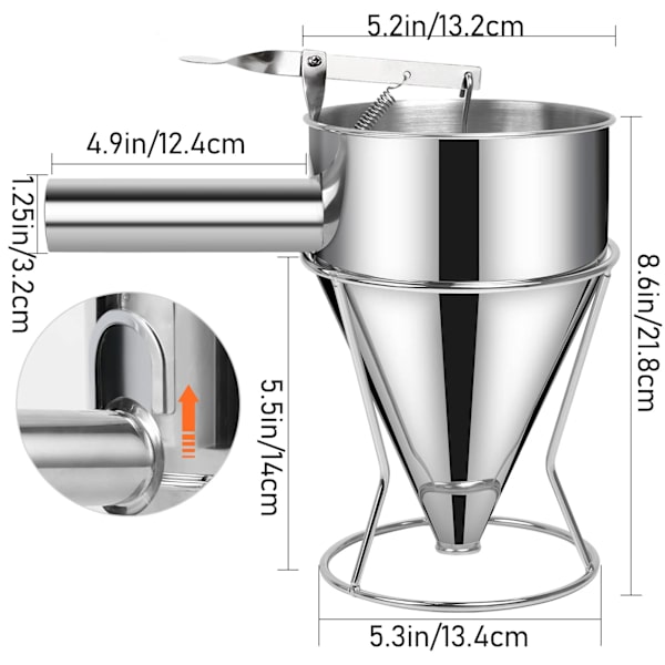 Batter Dispenser i Rustfrit Stål med 4 Silikon Dyser (18mm) til Pandekager og Cupcakes
