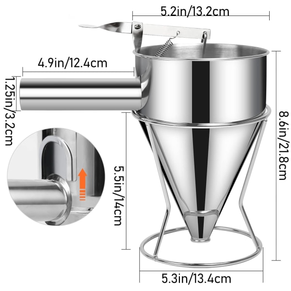 Batterdispenser i rustfritt stål med 4 silikontupper (18 mm) for pannekaker og cupcakes