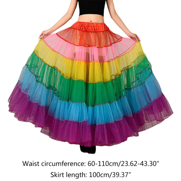 Kvinder Multicolor Rainbow A-Line Maxi Tutu nederdel Plisseret flæser gulvlængde Underkjole Stropløs Bryllup Brud Mesh Flared Crinoline Underkjole