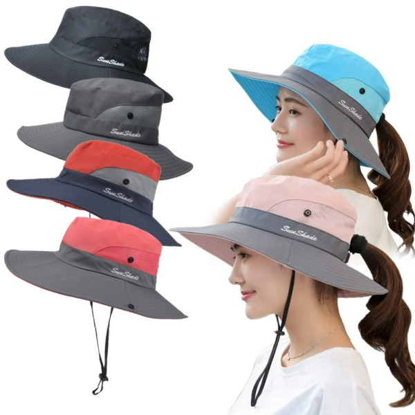 Bodychum Spänne Hatt för Dam Solhatt Hästsvans Cap Bred brättad UV-skydd Packbar Sommar Beach Hat Justerbar Floppy Hat för Fiske Hikin black